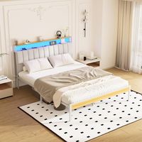 Dewinner – Cadre de lit 160x200 cm avec éclairage LED – 1 prise AC et 2 ports USB – Tête de lit capitonnée – Rangement sous le lit 26,5 cm – Structure métallique robuste