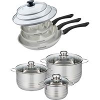 Set de 3 poêles 20 24 et 28 cm en inox et couvercles, 3 faitouts inox 16, 20 et 24 cm Fackelmann Geneva