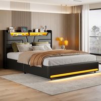 Bettkasten 140x190 cm, mit hydraulischem Hebel, Kopfteil mit LED-Beleuchtung und USB-Anschlüssen, integrierter Lattenrost, schwarzes PU