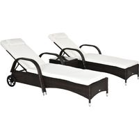 3er-Sonnenliegen-Set, 2x Gartenliege mit Beistelltisch, inkl. Liegeauflagen, Polyrattan, Braun+Cremeweiß