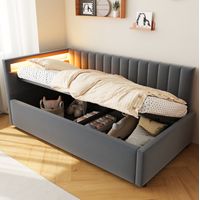 Polsterbett Schlafsofa 90/200 cm grau aus Samtstoff mit LED-Kopfteil und hydraulischem Stauraum