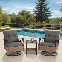 Set da giardino - 2 poltrone e 1 tavolo - Acciaio e resina intrecciata - Girevole a 360° e oscillante - Marrone, grigio e blu