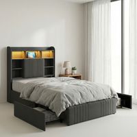 Letto per adulti 90x200, testiera con contenitore e illuminazione LED, 2 cassetti e porte di ricarica, struttura letto in lino e legno, stile moderno, Grigio