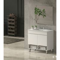 Conjunto Mueble de baño NEBARI con patas ya montado 2 puertas, lavabo y espejo Blanco brillo 60x45 cm