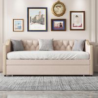 Canapé convertible, Lit gigogne 90x200 cm, Canapé Lit rembourré en lin avec sommier à lattes, lit de jour, beige
