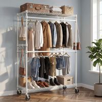 Portant à Vêtements sur Roulettes avec 4 Tringles et 2 Crochets, 114 × 52 × 204.5 cm Penderie en Métal, Vestiaire, avec 2 Étagères Réglables, Construction acier carbone, Blanc
