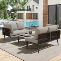 Ensemble lounge de jardin en fer, ensemble de meubles de jardin en corde grise, ensemble de meubles de jardin en L, ensemble lounge en corde grise avec coussins de siège, pieds réglables, 2 canapés et