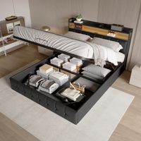 Lit Coffre 160x200 avec LED et USB,Lit Double Rembourré avec Rangement et Tete de lit,lit 2 Personnes Cadre de Lits avec Sommier à Lattes,PU,Noir(sans Matelas)