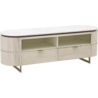 Meuble TV design arrondi en bois de manguier et marbre naturel - Bois clair et marbre blanc