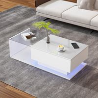 Glänzend weißer Couchtisch 100x50x32 cm – mit Glasplatte und Schubladen, kratzfest, mit 1 Schublade, mit LED-Beleuchtung, moderner Stil