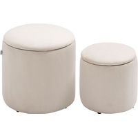 Set di 2 Pouf Contenitore Salvaspazio Rotondi e Imbottiti in Velluto a Coste, Bianco