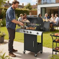Barbecue à gaz 10,5 kW, 3+1 brûleurs, chariot en acier inoxydable avec brûleur latéral, ouvre-bouteille, thermomètre et grille en fonte.