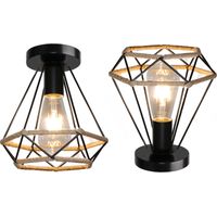 2X Industrial Ceiling Light Retro Vintage Ceiling Lights 20CM Diamond Metal Cage Chandelier Hemp Rope Ceiling Light For Living Room Bedroom Black