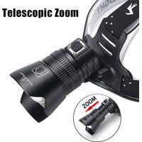 Linterna frontal LED recargable, con zoom y 3 modos, resistente al agua, ideal para caza, pesca y acampada.