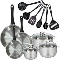 Set de 3 poêles 20, 24 et 28 cm en inox, 3 faitouts inox 16, 20 et 24 cm et 6 ustensiles RPET Fackelmann Geneva