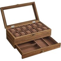 Boîte à Montres 12 Emplacements, Écrin à Montres en Bois, avec Couvercle en Verre, Coussinets pour Montres, Doublure en Velours, Coffre à Bijoux, Couleur Noisette