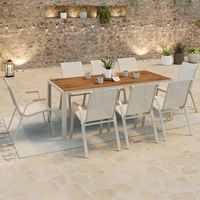 Conjunto de muebles de jardín NOUMEA Mesa de 190 cm con tablero de cristal templado efecto madera y 8 sillas apilables beige y m