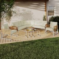Conjunto de muebles bajos de jardín RIO 8 plazas estructura de metal blanco y cordaje efecto ratán con cojines beige