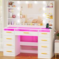 Coiffeuse Grande avec Miroir , LED Réglable, Prise et Port USB, 9 Tiroirs, 105X40X140cm,Blanc