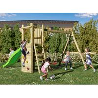 Fungoo Spielturm "Funny 3", natur, mit Doppelschaukel, Rutsche und Kletterwand