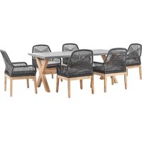 Conjunto de comedor para jardín mesa cemento reforzado con 6 sillas de mimbre negro madera de acacia aspecto rústico muebles de jardín Olbia