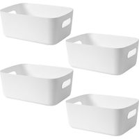 4 cestini di stoccaggio in plastica bianca, che possono essere utilizzati per la conservazione dei cosmetici, l'organizzazione di vari oggetti e lo stoccaggio in cucina.