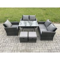 Fimous Polyrattan Garten Esstisch Set Gartenmöbel Sofa mit Rechteckiger Esstisch Loveseat Sofa 2 kleine Fußhockern Dunkelgrau Gemischt