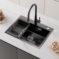 Cecipa 60×45×18 cm Lavello da Cucina Nero - Lavello a 1 Vasca con Cestello di Scarico - Lavello Cucina in Acciaio Inox 201 di Grande Capacità