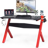 Costway – Bureau gamer 115 x 60 cm – Surface en fibre de carbone – Cadre en acier – Support casque et porte-gobelet – Table ergonomique pour e-sport – Noir et rouge