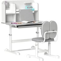 Set Scrivania e Sedia per Bambini Regolabili, Banco Scuola con Piano Inclinabile, Cassetto, Scaffale, Grigio