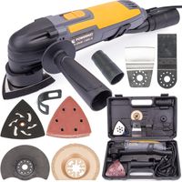Outil multifonction 1300W – 6 vitesses – 5 embouts pour ponçage, meulage, découpe – 20 feuilles abrasives grain 60 – Powermat