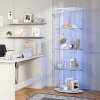 Vitrine en verre trempé 42.5 x 60 x 162 cm, meuble d'angle pentagonal avec éclairage led intelligent et 4 étagères de collection, verre et bois, blanc