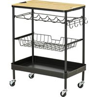 Table de service roulante avec panier à bouteilles et plateau amovible 60,5x35,5x75 cm Noir