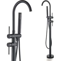 Suguword – Mitigeur de baignoire noir à deux poignées – Robinet de remplissage au sol avec douche à main – Buse rotative 360° – Laiton anticorrosion