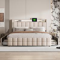 Letto matrimoniale imbottito 160x200 cm, con 4 cassetti, illuminazione LED, porte e prese USB, doghe, biancheria, letto queen size - Beige