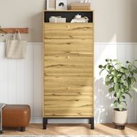 Schuhschrank 63 x 24 x 147 cm - Schmaler Flurschrank mit 3 Klappen und offenen Ablagefächern - Skandinavischer Stil - Natur