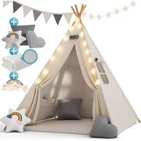 Tipi enfant 130x130x160 cm avec tapis de sol 120x120x2,5 cm – 3 coussins – Guirlande lumineuse 20 LED – Coton respirant et bois de peuplier – Spielwerk