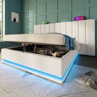 Cama tapizada con almacenaje 180/200 cm blanca de PU con LED y carga USB-C