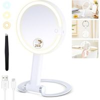 20X Magnifying Mirror with Light, Lighted Makeup Mirror with 20X/1X Magnification, 3 Color Light and Adjustable Brightness, 3-in-1 Multifunctional Makeup Mirror with Lights 2000mAh