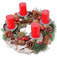 Couronne de l'Avent HHG-492, décoration, arrangement de Noel, bois, rond Ø 33cm, avec 4 bougies rouges