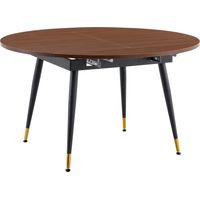 Table extensible de comedor MDF color nogal, redonda a ovalada, con patas metálicas y capacidad para 6-8 personas