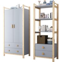 Doppelklappengarderobe, Kombinationsgarderobenset, Garderobe + Regal, Kinderzimmer-Set, Kombinationsmöbel, mit Kleiderstange und Schubladen, Fichtenrahmen, Farbkombination Blau + Naturholz, Höhe 180cm