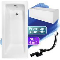 Badewanne Rechteck 130x70 mit AcrylSchürze, Ablaufgarnitur & Füßen GRATIS - Komplettset 4in1 Original Acryl Wanne Siphon - BADLAND TALIA