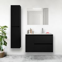 Mueble de baño suspendido de 85 cm en madera negro satinado con lavabo incorporado - Nova - Con espejo y lámpara LED