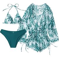 Maillot de bain 3 pièces pour femme avec imprimé feuilles