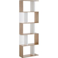 Scaffale Libreria a 5 Ripiani Suddivisi, Libreria Salvaspazio a Forma di S in Legno, Scaffale Divisorio per Soggiorno, Camera da Letto e Ufficio, 60x24x184.5 cm, Color Legno e Bianco
