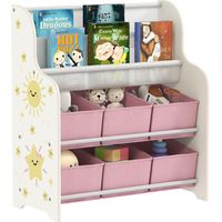 Scaffale Portagiochi con 6 Cassetti in Tessuto e Libreria a 2 Livelli, in Legno e Acciaio, 63x30x71 cm, Rosa
