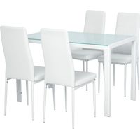 Set 5 Pezzi con 1 Tavolo e 4 Sedie per Cucina o Sala da Pranzo in Finta Pelle, Metallo e Vetro Temperato, Bianco