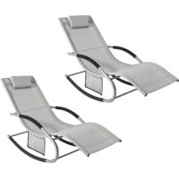 SoBuy Set of 2 Sun Lounger Garden Chair Recliner with Cushioned Pillow & Side Pocket Garden Rocking Chair with Steel Frame Outdoor Furniture Grey OGS28-HGx2