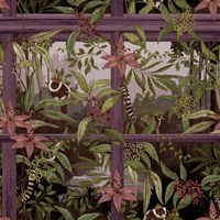 Tropical Lemur Wallpaper Plum Botanical Jungle Floral Feature Wall
